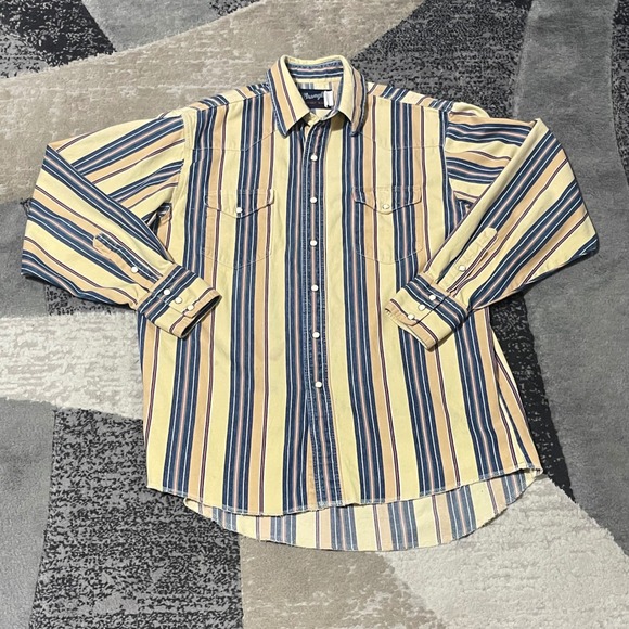 Wrangler Other - Wrangler X-Long Tail Shirt Men 16-35 Yellow Blue Striped Good Western Pearl Snap